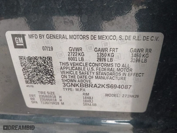 2019 Chevrolet Blazer with VIN 3GNKBBRA2KS694087, listed as a IAAI auction lot 41185069 with 71,643 mi miles. Bid and sale history available at carsss.com. Image 9.