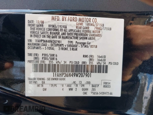 2009 Ford Focus SES with VIN 1FAHP36N49W207901, listed as a IAAI auction lot 41875523 with 95,089 mi miles. Bid and sale history available at carsss.com. Image 9.