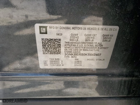 2019 Chevrolet Blazer RS with VIN 3GNKBERS0KS643407, listed as a Copart auction lot 53789695 with 118,627 mi miles and Salvage Title. Bid and sale history available at carsss.com. Image 13.