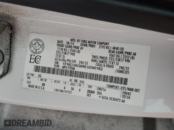 2014 Ford Escape SE with VIN 1FMCU9G99EUD90182, listed as a Copart auction lot 44133645 with 183,122 mi miles and Salvage Title. Bid and sale history available at DreamBid. Image 14.