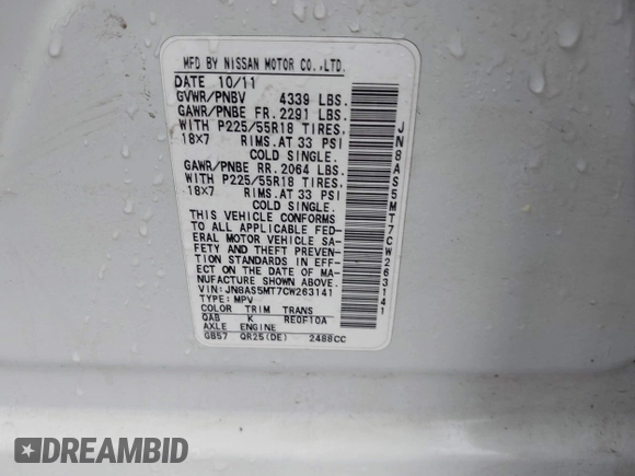 2012 Nissan Rogue SL with VIN JN8AS5MT7CW263141, listed as a IAAI auction lot 41948570 with 182,766 mi miles and . Bid and sale history available at DreamBid. Image 9.
