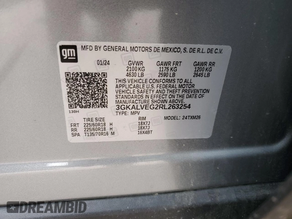 2024 GMC Terrain SLT with VIN 3GKALVEG2RL263254, listed as a Copart auction lot 66464985 with Not provided miles and Non repairable. Bid and sale history available at DreamBid. Image 13.