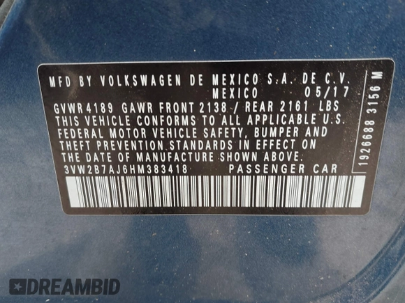 2017 Volkswagen Jetta S with VIN 3VW2B7AJ6HM383418, listed as a IAAI auction lot 41903383 with 91,285 mi miles and . Bid and sale history available at DreamBid. Image 9.