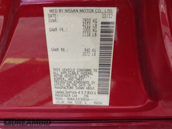 2013 Nissan Altima SV with VIN 1N4AL3AP5DN457801, listed as a IAAI auction lot 42534208 with 157,280 mi miles and . Bid and sale history available at DreamBid. Image 9.