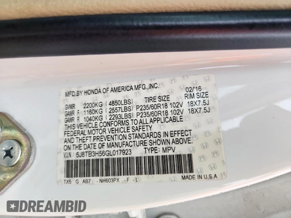 2016 Acura RDX Technology with VIN 5J8TB3H56GL017923, listed as a Copart auction lot 56315055 with 119,239 mi miles and Salvage title. Bid and sale history available at DreamBid. Image 14.