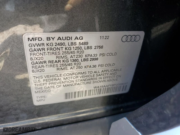 2023 Audi Q5 Sportback S line Premium Plus with VIN WA15AAFY8P2059697, listed as a Copart auction lot 70854874 with 7,650 mi miles and Salvage Title. Bid and sale history available at carsss.com. Image 12.