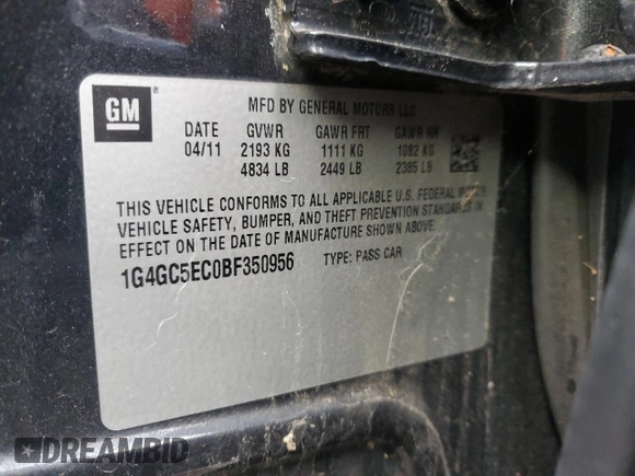 2011 Buick LaCrosse CXL with VIN 1G4GC5EC0BF350956, listed as a Copart auction lot 46986115 with 140,848 mi miles and Salvage Title. Bid and sale history available at carsss.com. Image 12.