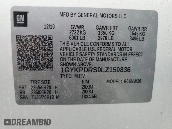 2020 Cadillac XT6 AWD Premium Luxury with VIN 1GYKPDRS9LZ159836, listed as a Copart auction lot 60753625 with 47,862 mi miles and Salvage title. Bid and sale history available at DreamBid. Image 14.