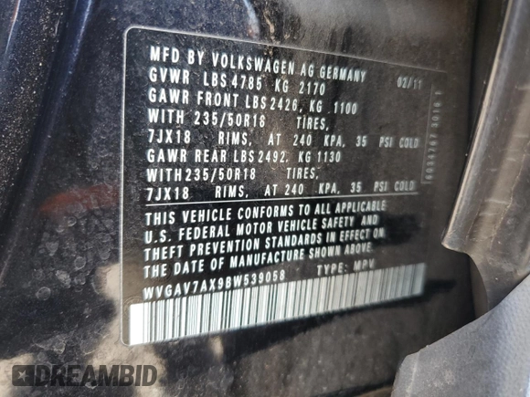 2011 Volkswagen Tiguan S with VIN WVGAV7AX9BW539058, listed as a Copart auction lot 62269615 with 168,795 mi miles and Clean title. Bid and sale history available at DreamBid. Image 12.