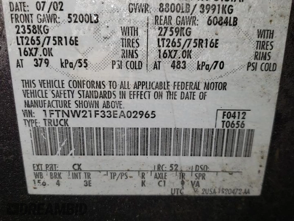 2003 Ford Super Duty F-250 XL with VIN 1FTNW21F33EA02965, listed as a Copart auction lot 52647395 with 278,603 mi miles and Salvage Title. Bid and sale history available at carsss.com. Image 12.