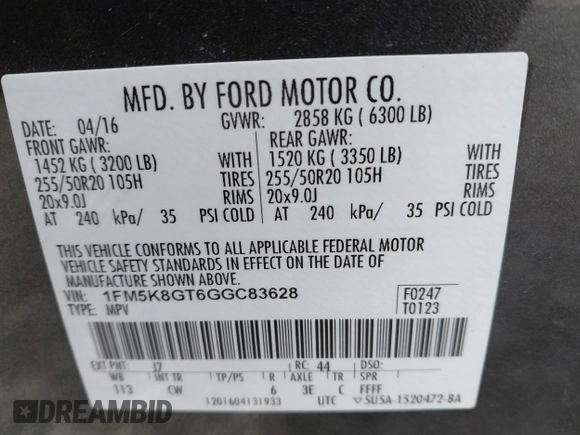 2016 Ford Explorer Sport z VIN 1FM5K8GT6GGC83628, wystawiony jako IAAI lot #41546631 z przebiegiem 85 712 mil mil oraz . Historia ofert i sprzedaży dostępna na DreamBid. Obrazek 9.