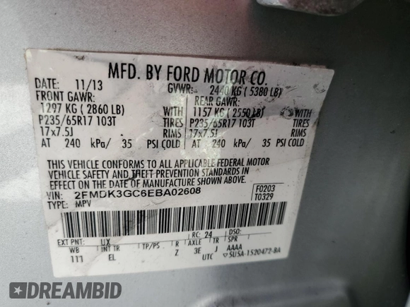2014 Ford Edge SE z VIN 2FMDK3GC6EBA02608, wystawiony jako Copart lot #61300425 z przebiegiem 139 764 mil mil oraz Szkoda całkowita • Salvage title. Historia ofert i sprzedaży dostępna na DreamBid. Obrazek 13.