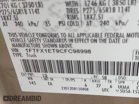 2012 Ford F-150 XL with VIN 1FTFX1ET9CFC98998, listed as a IAAI auction lot 42444797 with 164,875 mi miles and . Bid and sale history available at DreamBid. Image 9.