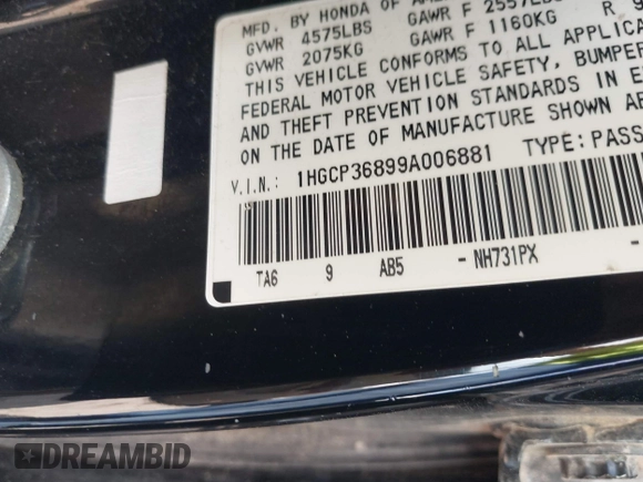 2009 Honda Accord EX-L with VIN 1HGCP36899A006881, listed as a IAAI auction lot 41876684 with 102,913 mi miles and . Bid and sale history available at DreamBid. Image 9.