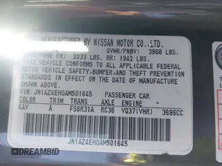 2010 Nissan 370Z with VIN JN1AZ4EH0AM501645, listed as a IAAI auction lot 41653013 with Not Provided miles. Bid and sale history available at carsss.com. Image 9.