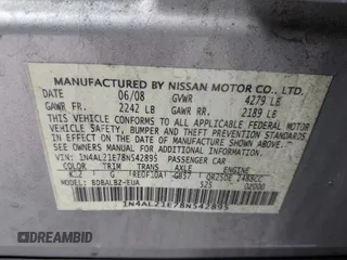 2008 Nissan Altima SL with VIN 1N4AL21E78N542895, listed as a IAAI auction lot 42122727 with Not Provided miles and . Bid and sale history available at DreamBid. Image 9.