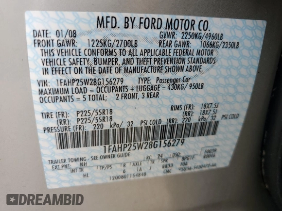 2008 Ford Taurus Limited with VIN 1FAHP25W28G156279, listed as a Copart auction lot 75004894 with 0 mi miles and Non Repairable. Bid and sale history available at carsss.com. Image 13.