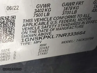 2022 Chevrolet Tahoe Z71 with VIN 1GNSKPKL7NR333664, listed as a IAAI auction lot 41010745 with 92,469 mi miles. Bid and sale history available at carsss.com. Image 9.
