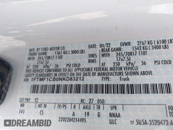 2022 Ford F-150 XL with VIN 1FTMF1CB0NKD83212, listed as a IAAI auction lot 41540720 with 80,028 mi miles. Bid and sale history available at carsss.com. Image 9.