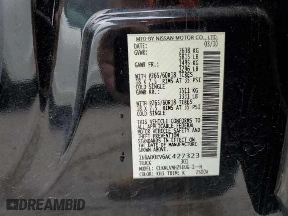 2010 Nissan Frontier Pro-4X с VIN 1N6AD0EV6AC427323, выставлен на аукционе Copart как лот 58219055 с пробегом 243 206 миль миль и Списание • Salvage title. История ставок и продаж доступна на DreamBid. Изображение 13.
