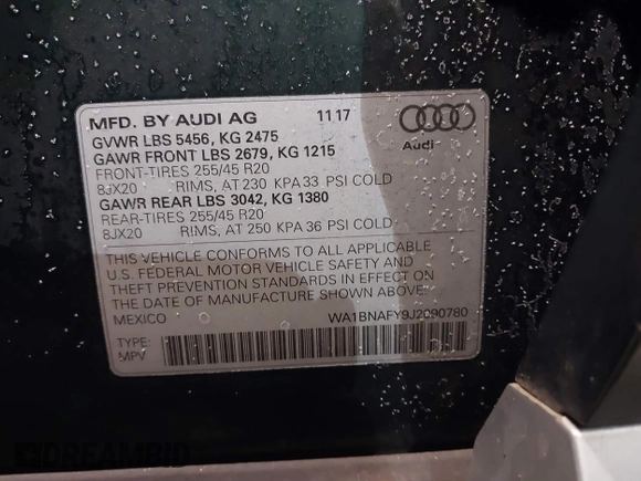2018 Audi Q5 Premium Plus with VIN WA1BNAFY9J2090780, listed as a IAAI auction lot 41370112 with 55,767 mi miles. Bid and sale history available at carsss.com. Image 9.