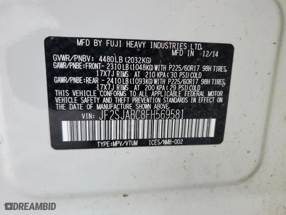 2015 Subaru Forester 2.5i with VIN JF2SJABC8FH569581, listed as a Copart auction lot 45489425 with 108,990 mi miles and Salvage Title. Bid and sale history available at carsss.com. Image 14.