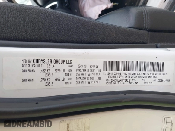 2015 Dodge Durango Limited with VIN 1C4RDHDG4FC714612, listed as a IAAI auction lot 41836382 with 169,516 mi miles and . Bid and sale history available at carsss.com. Image 9.