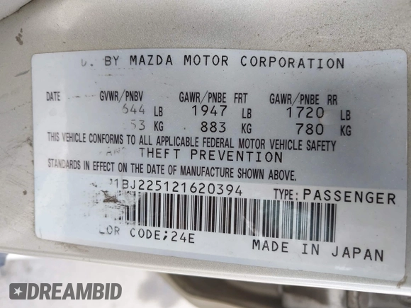 2002 Mazda Protege DX with VIN JM1BJ225121620394, listed as a IAAI auction lot 42043056 with 187,360 mi miles and . Bid and sale history available at DreamBid. Image 9.