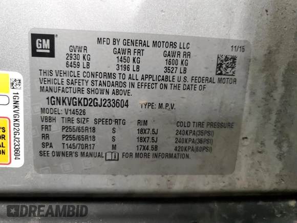 2016 Chevrolet Traverse LT with VIN 1GNKVGKD2GJ233604, listed as a Copart auction lot 55921735 with Not provided miles and Salvage title. Bid and sale history available at DreamBid. Image 13.