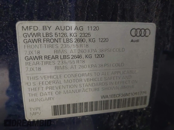 2021 Audi Q3 S line Premium Plus with VIN WA1EECF36M1061776, listed as a IAAI auction lot 42343842 with 40,521 mi miles and . Bid and sale history available at DreamBid. Image 9.