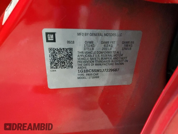 2018 Chevrolet Cruze LS with VIN 1G1BC5SM1J7229687, listed as a Copart auction lot 70889864 with 121,563 mi miles and Salvage Title. Bid and sale history available at DreamBid. Image 12.