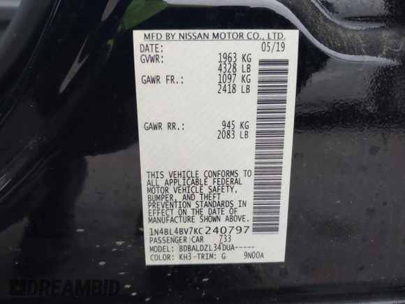 2019 Nissan Altima S with VIN 1N4BL4BV7KC240797, listed as a IAAI auction lot 41759210 with 89,840 mi miles and . Bid and sale history available at DreamBid. Image 9.