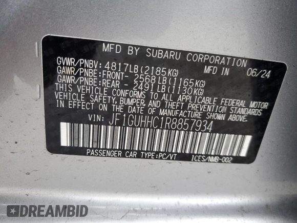 2024 Subaru Impreza RS with VIN JF1GUHHC1R8857934, listed as a Copart auction lot 47049475 with 1,845 mi miles and Salvage Title. Bid and sale history available at carsss.com. Image 13.