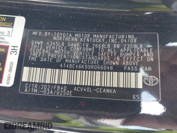 2009 Toyota Camry with VIN 4T4BE46K99R066046, listed as a IAAI auction lot 41887016 with 109,072 mi miles. Bid and sale history available at carsss.com. Image 9.