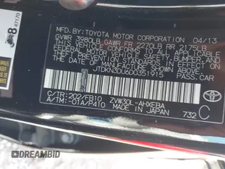 2013 Toyota Prius One with VIN JTDKN3DU6D0351915, listed as a IAAI auction lot 41867686 with 242,528 mi miles. Bid and sale history available at carsss.com. Image 9.