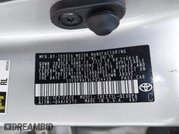 2020 Toyota Corolla L with VIN 5YFDPRAEXLP024439, listed as a IAAI auction lot 40974525 with 75,481 mi miles. Bid and sale history available at carsss.com. Image 9.