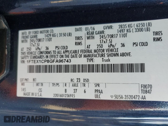 2016 Ford F-150 XL with VIN 1FTEX1CP8GFA96743, listed as a Copart auction lot 50309085 with 122,835 mi miles and Salvage Title. Bid and sale history available at carsss.com. Image 14.