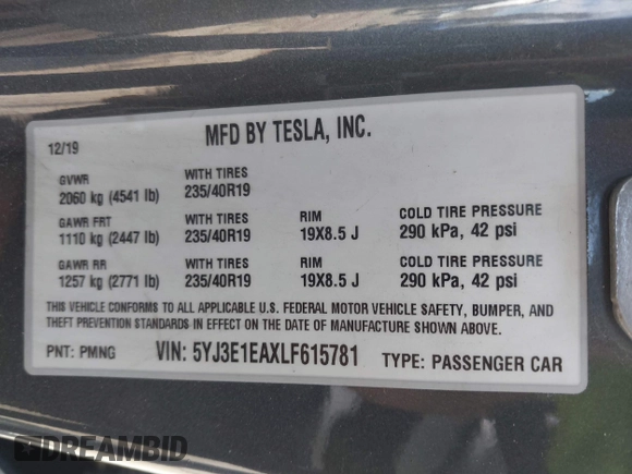 2020 Tesla Model 3 Standard Range Plus with VIN 5YJ3E1EAXLF615781, listed as a IAAI auction lot 42068935 with 96,026 mi miles. Bid and sale history available at carsss.com. Image 9.