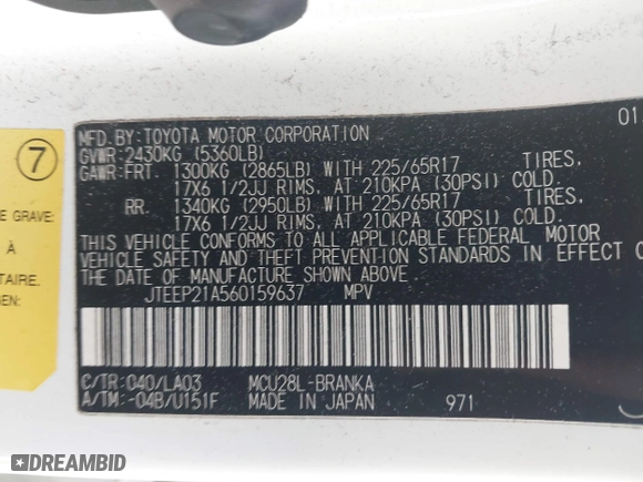 2006 Toyota Highlander w/3rd Row with VIN JTEEP21A560159637, listed as a IAAI auction lot 41628990 with 116,042 mi miles. Bid and sale history available at carsss.com. Image 9.
