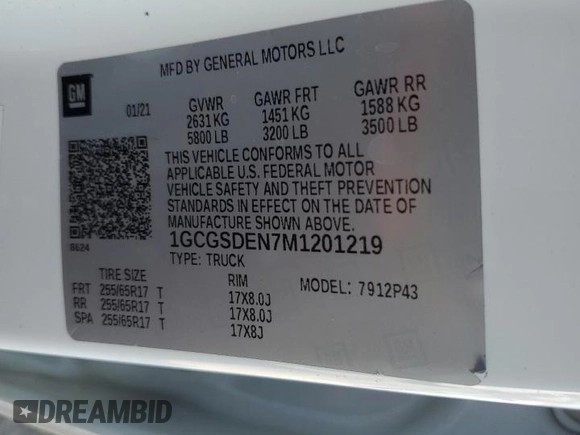 2021 Chevrolet Colorado 2WD Z71 with VIN 1GCGSDEN7M1201219, listed as a Copart auction lot 61310215 with 184,819 mi miles and Salvage title. Bid and sale history available at DreamBid. Image 12.
