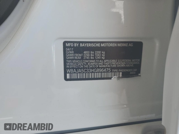 2017 BMW 5 Series 530i with VIN WBAJA5C33HG896475, listed as a Copart auction lot 64276875 with 137,012 mi miles and Clean title. Bid and sale history available at DreamBid. Image 13.