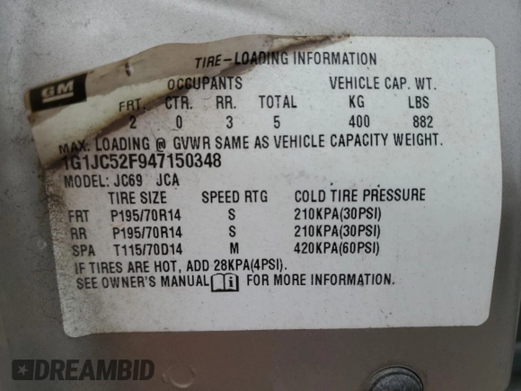 2004 Chevrolet Cavalier with VIN 1G1JC52F947150348, listed as a Copart auction lot 47095065 with 133,514 mi miles and Salvage title. Bid and sale history available at DreamBid. Image 12.