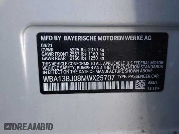 2021 BMW 5 Series 530i xDrive with VIN WBA13BJ08MWX25707, listed as a Copart auction lot 43371195 with 75,126 mi miles and Salvage Title. Bid and sale history available at carsss.com. Image 12.