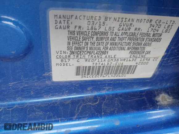 2015 Nissan Note SR with VIN 3N1CE2CP6FL422601, listed as a IAAI auction lot 42706700 with 152,658 mi miles and . Bid and sale history available at DreamBid. Image 9.