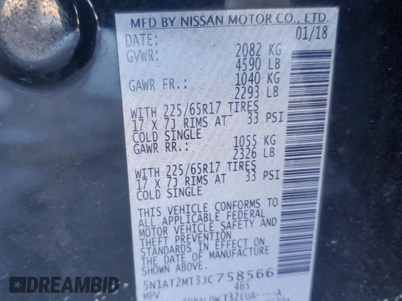 2018 Nissan Rogue SV with VIN 5N1AT2MT3JC758566, listed as a Copart auction lot 49617915 with 90,707 mi miles and Salvage Title. Bid and sale history available at carsss.com. Image 13.
