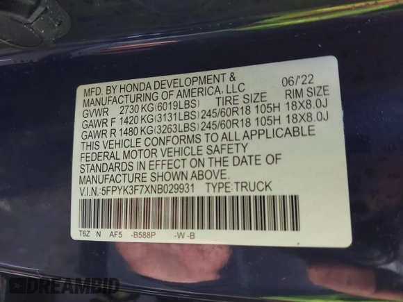 2022 Honda Ridgeline RTL-E z VIN 5FPYK3F7XNB029931, wystawiony jako IAAI lot #41213133 z przebiegiem Nie podano mil oraz . Historia ofert i sprzedaży dostępna na DreamBid. Obrazek 9.