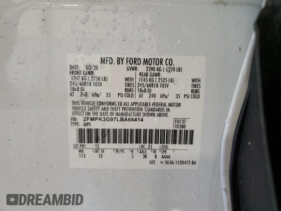 2020 Ford Edge SE z VIN 2FMPK3G97LBA66414, wystawiony jako Copart lot #50367045 z przebiegiem 114 719 mil mil oraz Nie do naprawy • Non repairable. Historia ofert i sprzedaży dostępna na DreamBid. Obrazek 14.