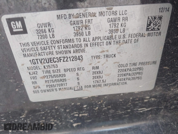 2015 GMC Sierra 1500 SLE z VIN 1GTV2UEC3FZ212843, wystawiony jako IAAI lot #42030130 z przebiegiem Nie podano mil oraz . Historia ofert i sprzedaży dostępna na DreamBid. Obrazek 9.