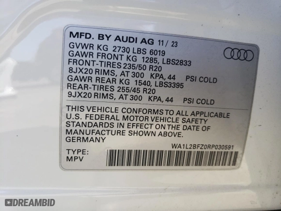 2024 Audi Q4 e-tron Premium Plus with VIN WA1L2BFZ0RP030591, listed as a Copart auction lot 74531174 with 4,987 mi miles and Salvage Title. Bid and sale history available at carsss.com. Image 13.