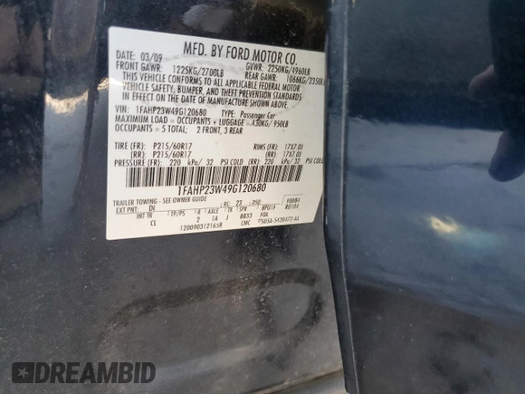2009 Ford Taurus SE with VIN 1FAHP23W49G120680, listed as a Copart auction lot 49110385 with 92,149 mi miles and Salvage Title. Bid and sale history available at carsss.com. Image 14.